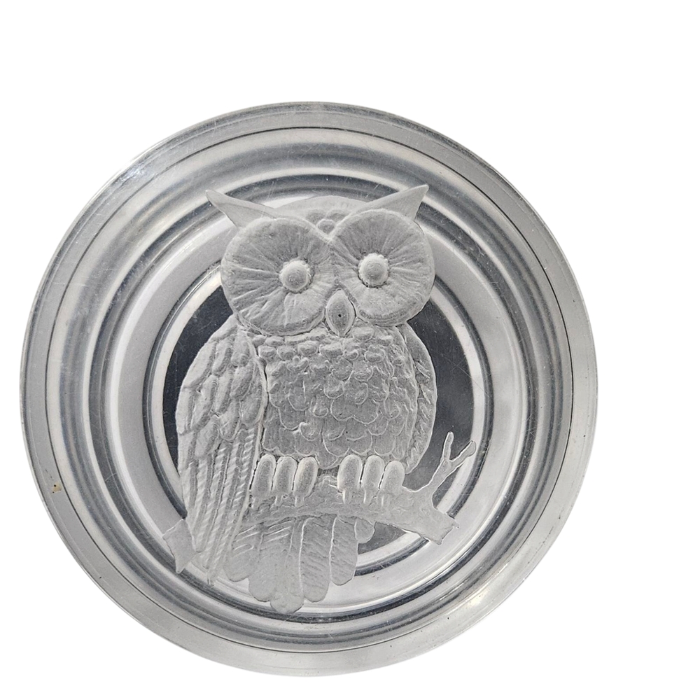 Vintage Clear Lucite Round Intalgio Owl Trinket Box